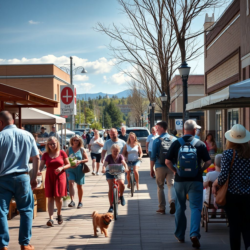A scenic view of historic downtown Parker, Colorado, showing brick storefronts along Main Street under a clear blue sky.