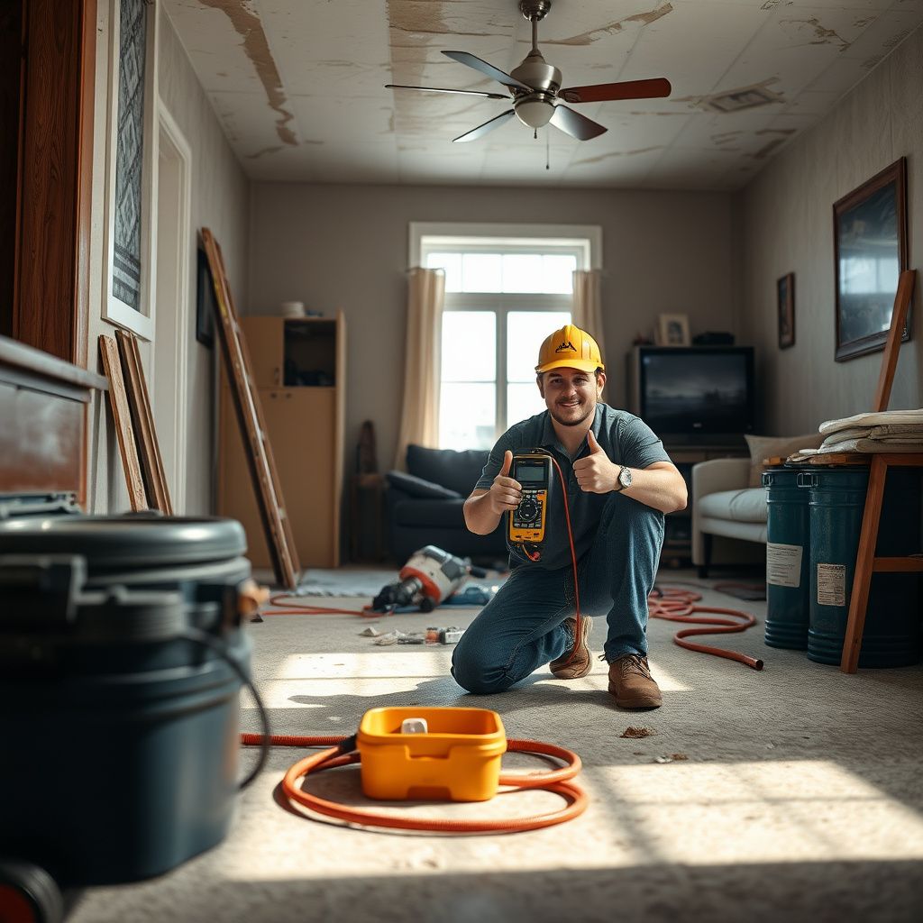 An IICRC-certified technician setting up a commercial dehumidifier in a Littleton basement to perform structural drying.