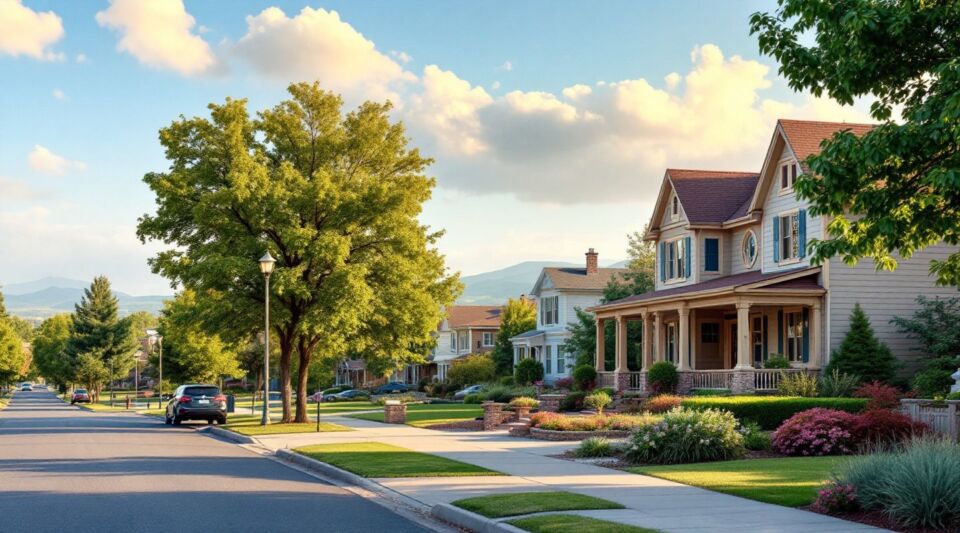 A quiet, tree-lined residential street in Cherry Hills Village, Colorado, with a professional restoration vehicle parked discreetly near a large estate home.