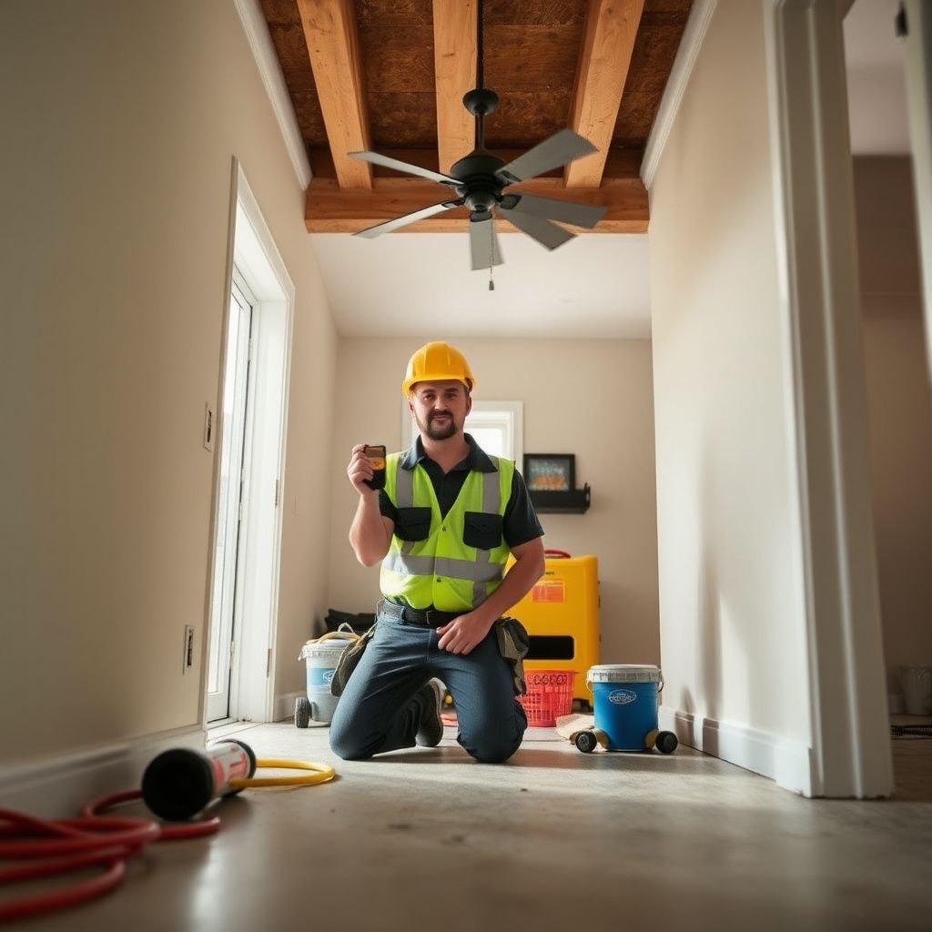 A technician using a thermal imaging camera to detect hidden moisture behind a drywall wall in an Englewood property.
