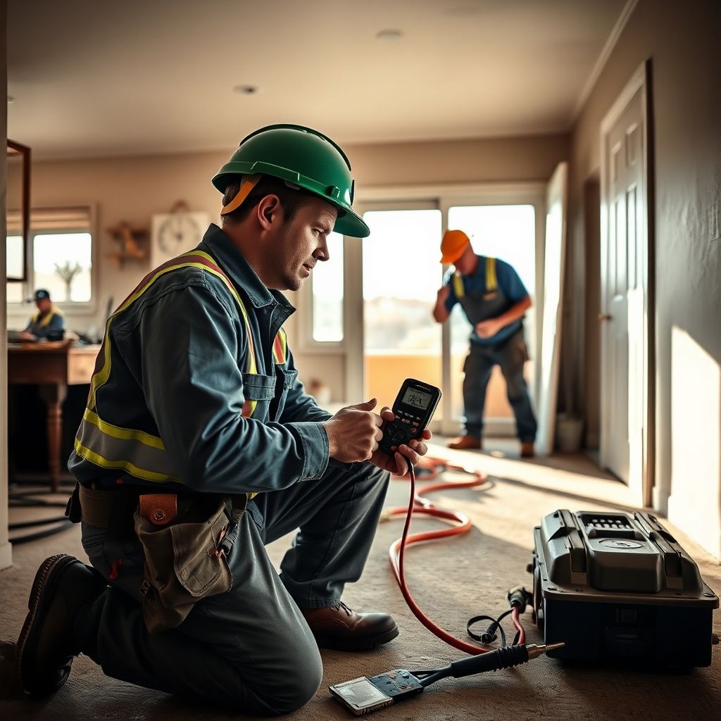 A technician using an infrared thermal imaging camera to detect hidden moisture behind a plaster wall in a historic Denver home.