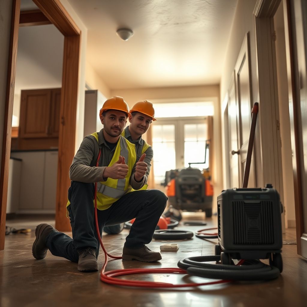 Industrial dehumidifiers and high-velocity air movers positioned strategically to dry a flooded hardwood floor.