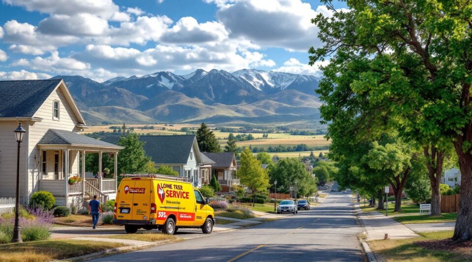 A restoration vehicle parked near a modern home in Lone Tree, Colorado, with the dry foothills visible in the distance.