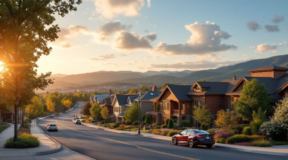 A service vehicle parked on a residential street in Highlands Ranch, Colorado, with the Front Range mountains visible in the distance.