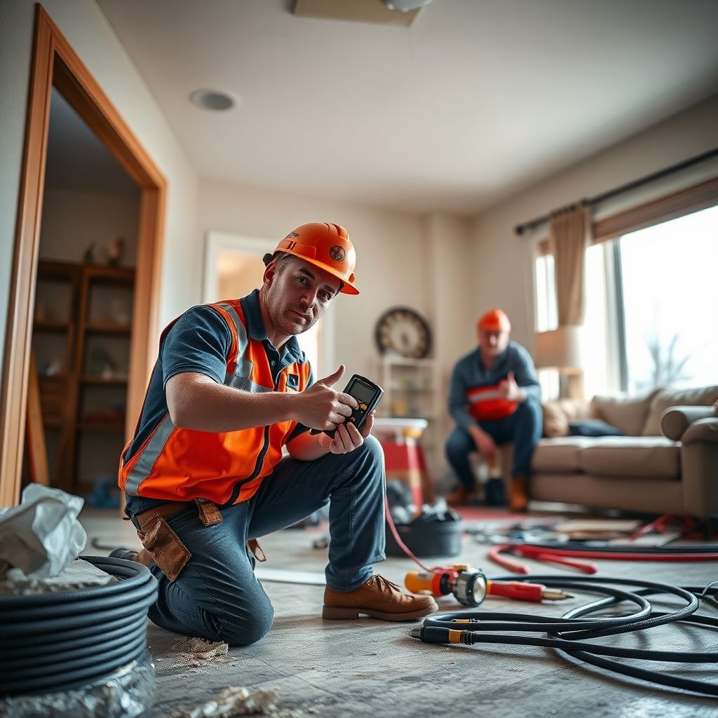 An emergency restoration vehicle parked outside a custom estate home during a rainy evening in Cherry Hills Village.